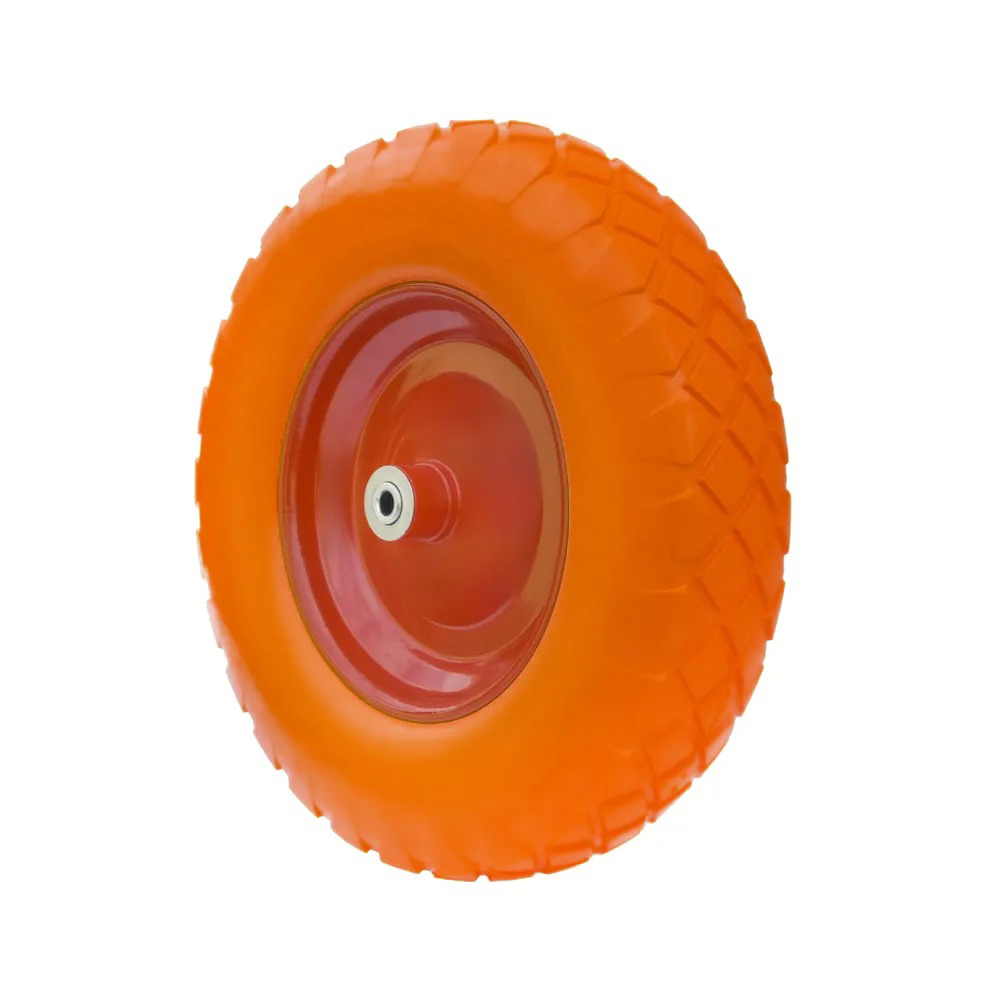 PU 3007-12 - Колесо для тачки / тележки полиуретановое бескамерное 4.80/4.00-8, сварной диск, диаметр 390 мм, ось 12 мм, металлический обод, симметричная ступица, шариковый подшипник